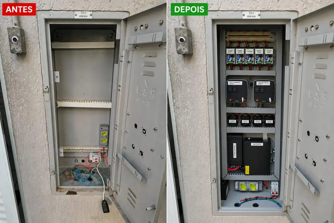 Antes e depois da montagem do quadro de controle de acesso de 5 portas