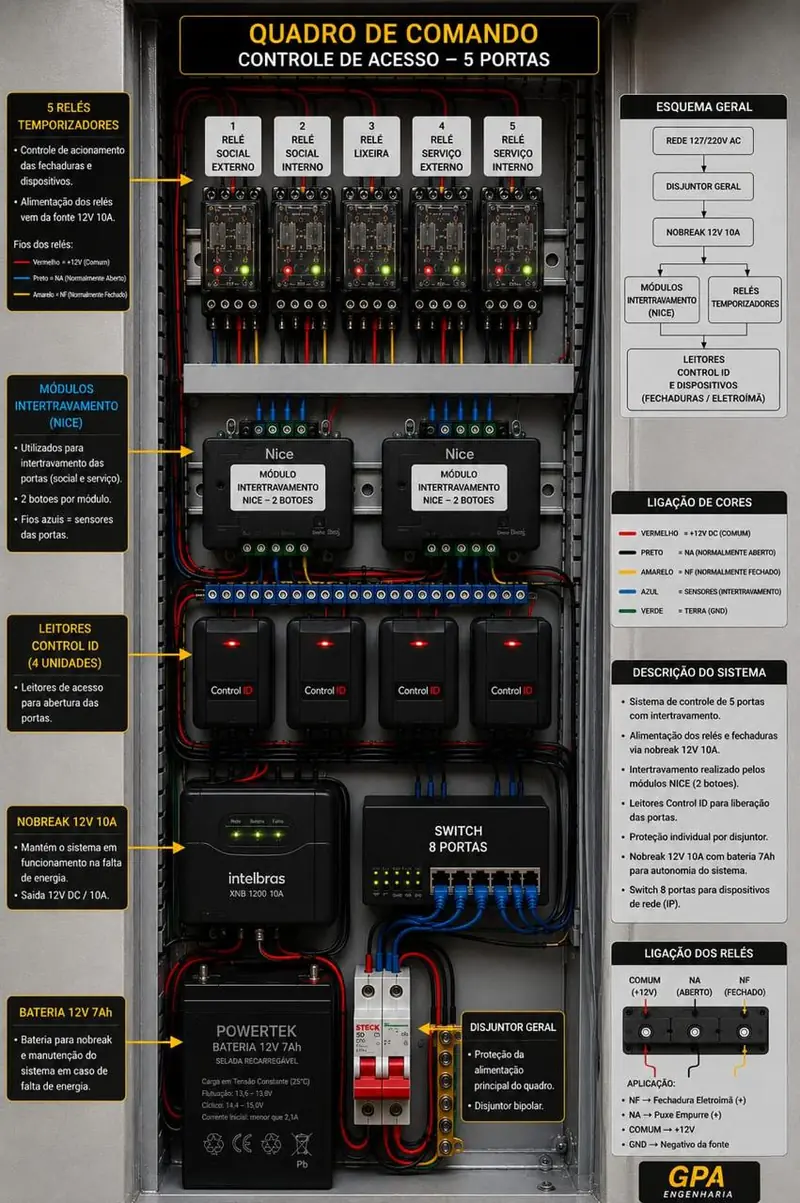 Quadro de comando de controle de acesso para 5 portas com relés, módulos Nice e leitores identificados