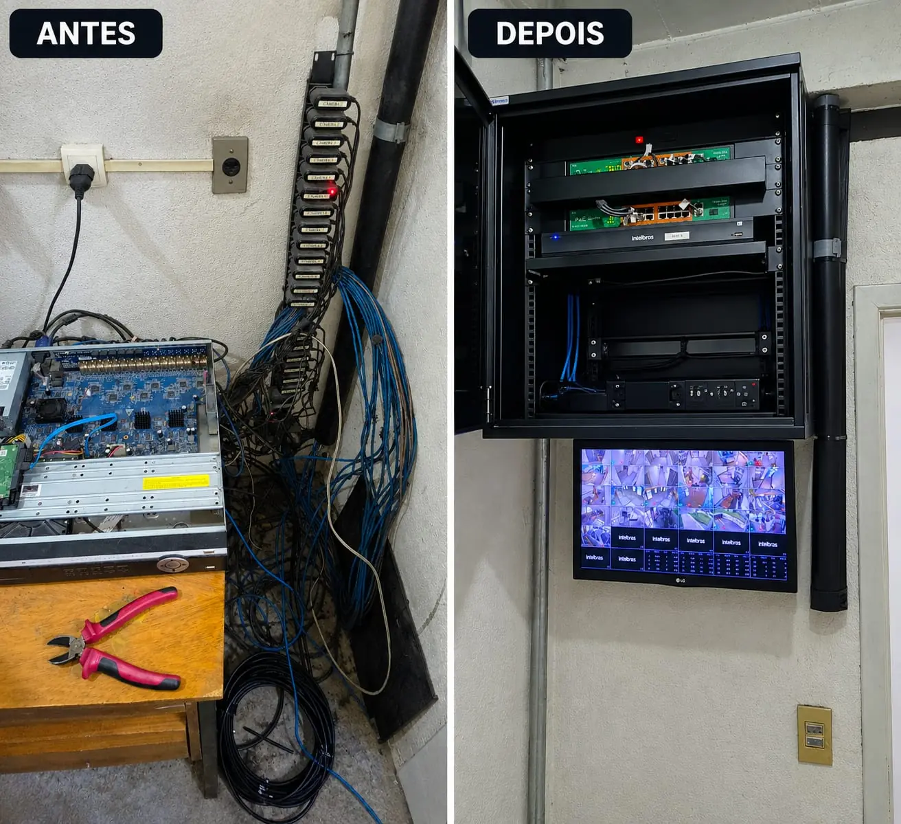 Antes e depois da modernização do CFTV: sistema antigo com fios expostos e novo rack com NVR e monitor de 32 câmeras